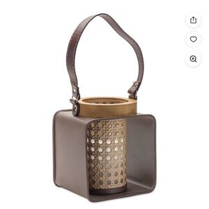 Melrose Woven Metal Cylinder Lantern with Brown Frame and Leather Handle.